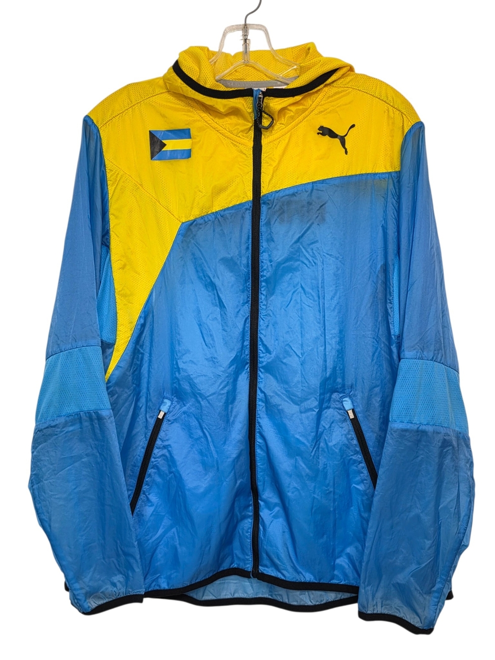 PUMA Bahamas Track & Field Windbreaker Men’s XL Blue Yellow Hooded Jacket
